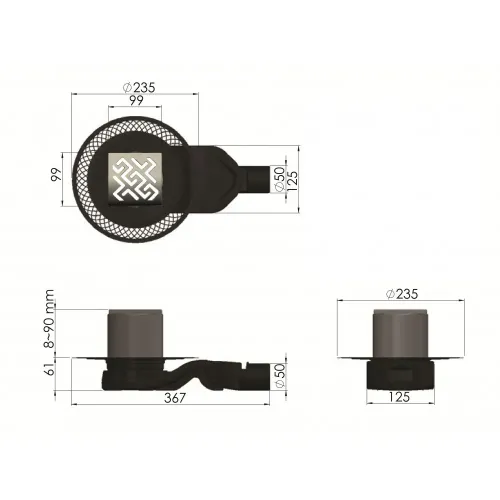 BERGES Трап водосток PLATZ Antik 100х100, золото хром, боковой выпуск S-сифон D50 H60, 092160