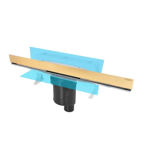 BERGES Желоб водосток WALL 600 пристенный, золото глянец,вертикальный выпуск S-сифон D50/105мм H30/135мм, 092056