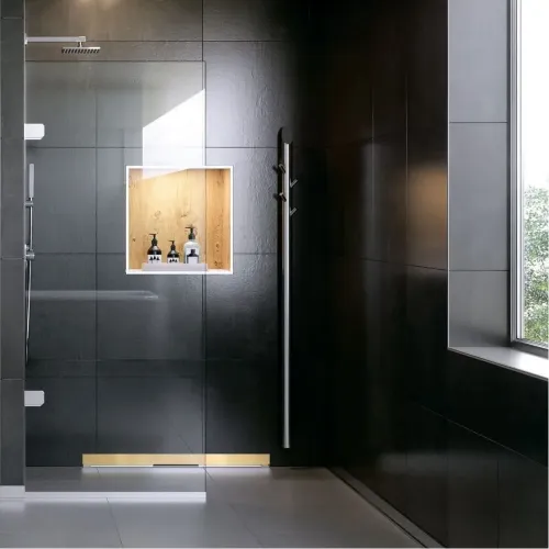 BERGES Желоб водосток WALL 600 пристенный, золото глянец,боковой выпуск S-сифон D50 H60, 092156