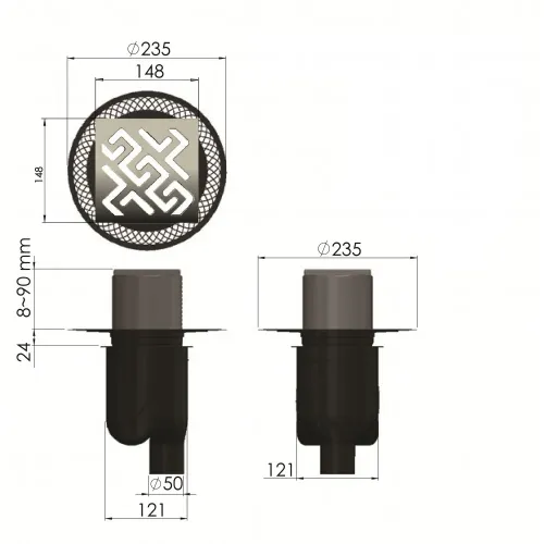 BERGES Трап водосток PLATZ Antik 150х150, бронза, вертикальный выпуск S-сифон D50/105мм H30/80мм, 094061