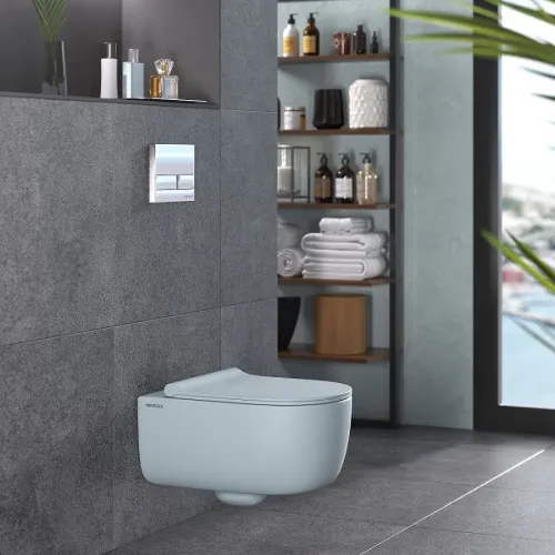 Унитаз BERGES подвесной EGO XL матовый голубой Rimless 54 см, сиденье EGO XL Slim SO матовый голубой, микролифт, быстросъем - EGO XL, 083229