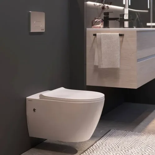 Унитаз BERGES подвесной MASCON Rimless 57 см, сиденье дюропласт Toma Slim SO, микролифт, быстросъем, 082128