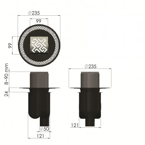 BERGES Трап водосток PLATZ Antik 100х100, матовый хром, вертикальный выпуск S-сифон D50/105мм H30/80мм, 090060