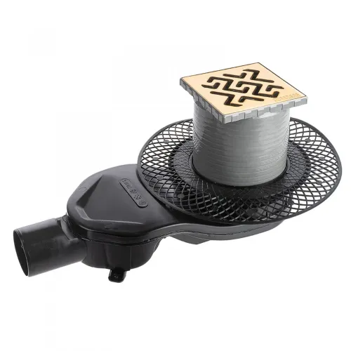 BERGES Трап водосток PLATZ Antik 100х100, золото хром, боковой выпуск S-сифон D50 H60, 092160