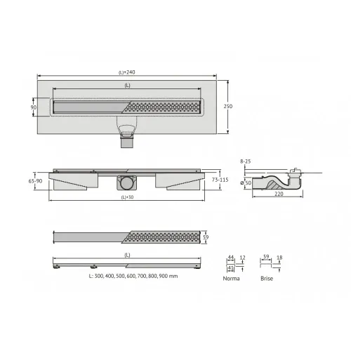 BERGES Желоб водосток C1 Norma 700, матовый хром, боковой выпуск S-сифон D50 H60, 090138