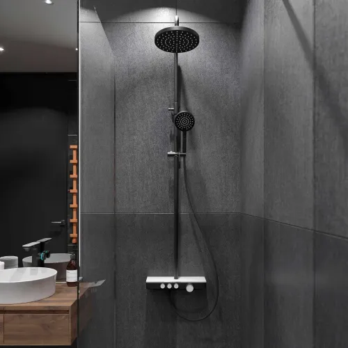 Душевая стойка BERGES MORANS с изливом и термостатом, черный матовый - MORANS, 075002