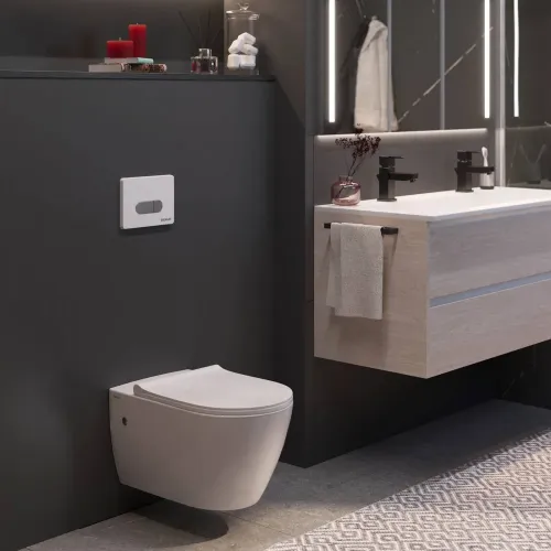 Инсталляция NOVUM 525, кнопка D7, унитаз MASCON Rimless, сиденье дюропласт Toma Slim SO, 043214