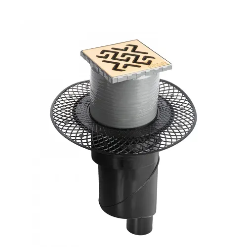 BERGES Трап водосток PLATZ Antik 100х100, золото хром, вертикальный выпуск S-сифон D50/105мм H30/80мм, 092060