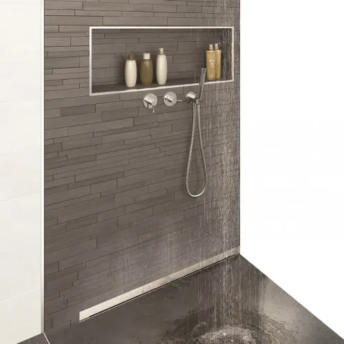 BERGES Желоб водосток WALL 1000 пристенный, матовый хром, вертикальный выпуск S-сифон D50/105мм H30/80мм, 090057