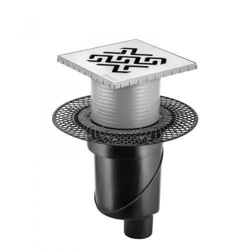 BERGES Трап водосток PLATZ Antik 150х150, матовый хром, вертикальный выпуск S-сифон D50/105мм H30/80мм, 090061