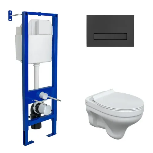 Комплект BERGES: инсталляция ATOM Line 410, кнопка черная SoftTouch, унитаз ALBIT S, сидение дюропласт Top Slim SO - АТОМ Line, 042442