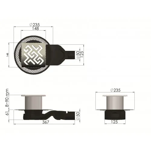 BERGES Трап водосток PLATZ Antik 150х150, матовый хром, боковой выпуск S-сифон D50 H60, 090161