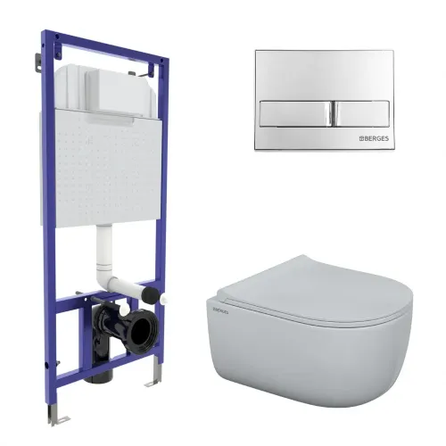 Комплект BERGES для монтажа подвесного унитаза: инсталляция NOVUM525, кнопка L3 хром глянец, унитаз EGO Rimless, сидение дюропласт Toma Slim SO, микролифт, быстросъем, 047213