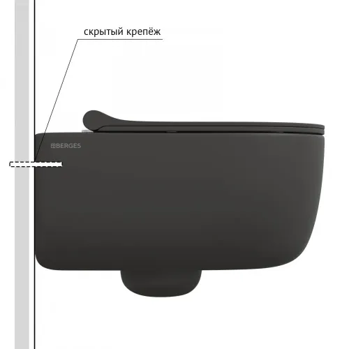 Унитаз BERGES подвесной EGO XL матовый антрацит Rimless 54 см, сиденье EGO XL Slim SO матовый антрацит, микролифт, быстросъем - EGO XL, 083218