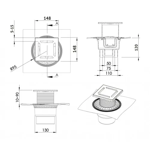 BERGES Трап водосток ZENTRUM Norma 150х150, матовый хром, вертикальный выпуск сифон D50/70/100мм H74, 090463