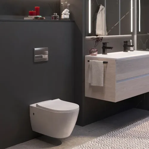 Инсталляция NOVUM 525, кнопка L3, унитаз MASCON Rimless, сиденье дюропласт Toma Slim SO, 043216