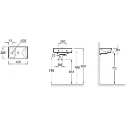 Подвесная раковина Reve 45х28,5х8,3 см, одно отверстие для смесителя, без переливного отверстия, санфарфор E4805-00 Jacob Delafon
