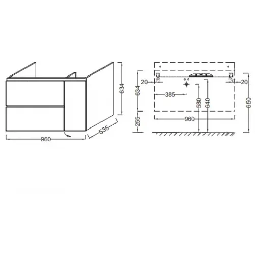 Модуль под раковину Soprano 96х53,5х63,4 см, квебекский дуб, 1 дверца и 2 выдвижных ящика EB1331-E10 Jacob Delafon