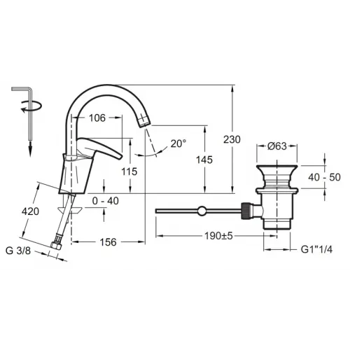 Смеситель для умывальника Panache поворотный излив, без донного клапана E72241-CP Jacob Delafon