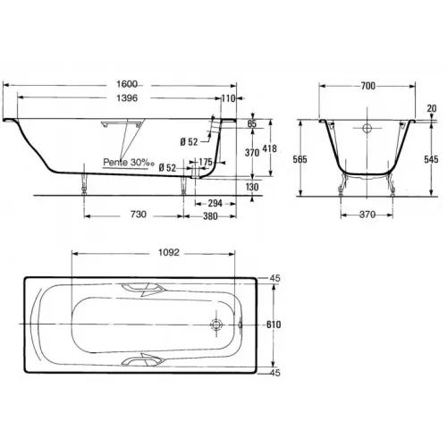 Чугунная ванна Prelude 160х70 см, с отв. для ручек, антискользящее покр. E2934-00 Jacob Delafon