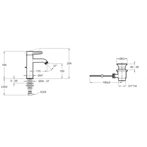 Смеситель для умывальника Nouvelle Vague матовый черный, антикальк, чёрный цвет, неповоротный излив, с донным клапаном E78335-BLV Jacob Delafon