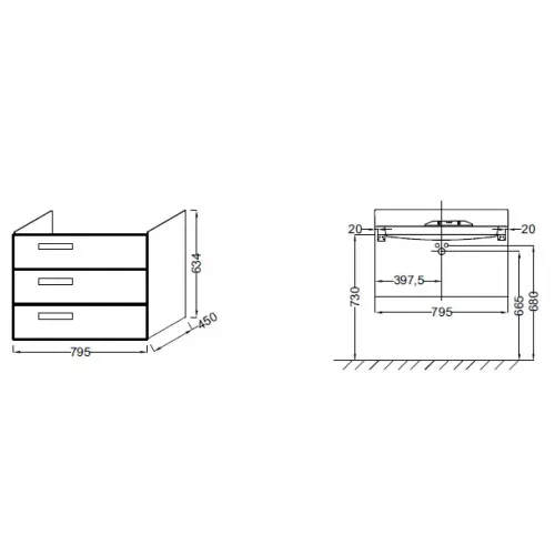 Модуль под раковину Rythmik 79,5х45х63,4 см, белый блестящий лак, 3 выдвижных ящика EB1309-G1C Jacob Delafon
