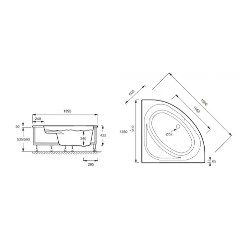 Акриловая ванна Domo 135х135 см, с каркасом и фронтальной панелью, угловая симметричная E60224-00 Jacob Delafon
