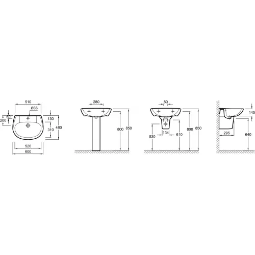 Подвесная раковина Brive 60х48х14,5 см, санфарфор, с отв. под смеситель E1286-00 Jacob Delafon