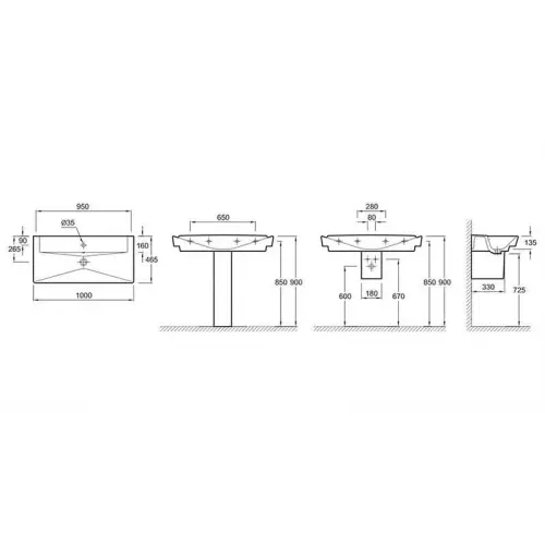 Подвесная раковина Reve 100х46,5х13,5 см, с отверстием для смесителя, с переливным отверстием и заглушкой, санфарфор E4801-00 Jacob Delafon