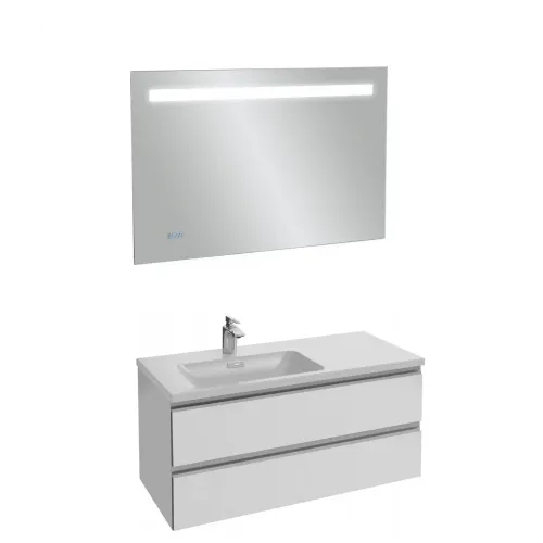 Комплект мебели для ванной Vox 100 см, белый, с 2 ящиками, с левосторонней раковиной, с подсветкой, подвесной монтаж EB1161-NF+EB2025-RA-G1C+EXAC112-Z-00 Jacob Delafon