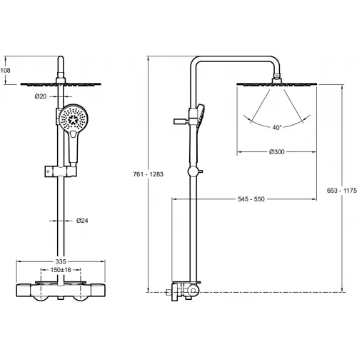 Душевая система без излива Metro с полкой, 3 режима, 30 см, round, чёрный цвет, термостат, верхний душ, с лейкой E26589-BL Jacob Delafon
