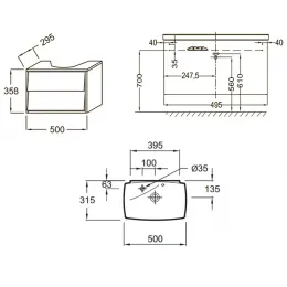 Комплект мебели для ванной Escale 50 см, серый титан лак, без подсветки, отверстие для смесителя, подвесной монтаж EB1081-NF+EB763-N21+E1025-00 Jacob Delafon