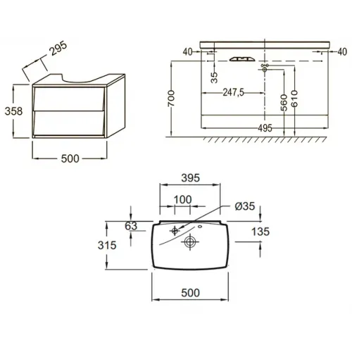 Комплект мебели для ванной Escale 50 см, серый титан лак, без подсветки, отверстие для смесителя, подвесной монтаж EB1081-NF+EB763-N21+E1025-00 Jacob Delafon