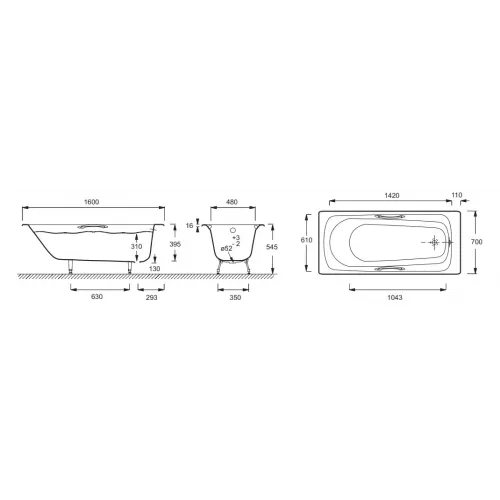 Чугунная ванна Melanie 160х70 см, с отв. для ручек, антискользящее покр. E2935-00 Jacob Delafon