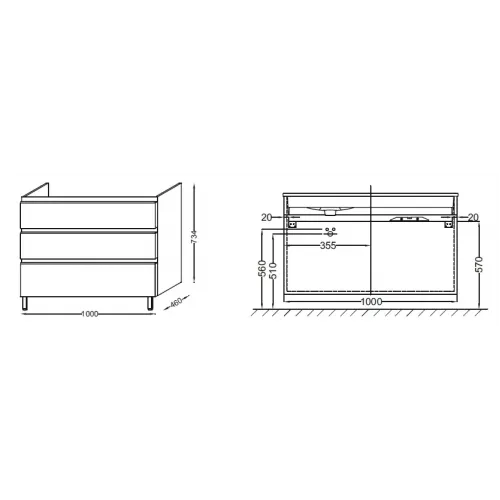 Модуль под раковину Vox 100х46х73,4 см, раковина справа, 3 ящика, серая кожа EB2096-R4-N29 Jacob Delafon