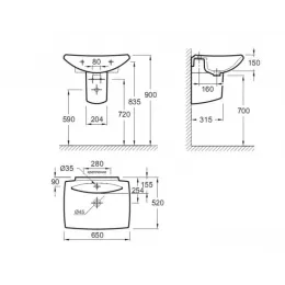 Подвесная раковина Escale 65х52х15 см, одно сквозное отверстие для смесителя, два размечено, санфарфор E1211-00 Jacob Delafon