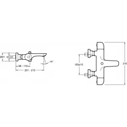 Настенный смеситель Villette неповоротный излив, с выходом на душ (без лейки), термостат E23721-CP Jacob Delafon
