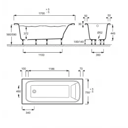 Ванна из материала Flight Elite 170х75 см, со специальным щелевидным переливом E6D031-00 Jacob Delafon