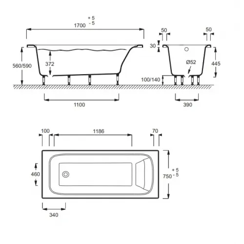 Ванна из материала Flight Elite 170х75 см, со специальным щелевидным переливом E6D031-00 Jacob Delafon
