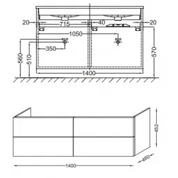 Модуль под раковину Vox 140х46х45,2 см, белый блестящий, 4 ящика, встроенные ручки EB2020-RA-G1C Jacob Delafon