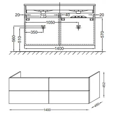 Модуль под раковину Vox 140х46х45,2 см, белый блестящий, 4 ящика, встроенные ручки EB2020-RA-G1C Jacob Delafon