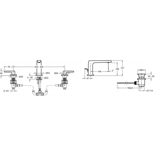Смеситель для раковины на 3 отверстия Avid с донным клапаном E97352-CP Jacob Delafon
