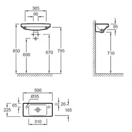 Подвесная раковина Odeon Up 50х22х9,5 см, одно отверстие для смесителя слева, санфарфор E4701L-00 Jacob Delafon