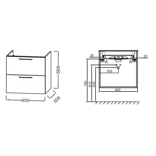 Модуль под раковину Odeon Rive Gauche 60х50,8х56,8 см, 2 ящика, белый, черные ручки EB2520-R9-N18 Jacob Delafon