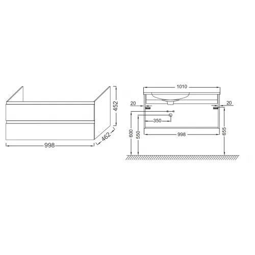 Модуль под раковину Madeleine 100х46х45 см, раковина слева, 2 ящика, белый глянцевый EB2054-J5 Jacob Delafon