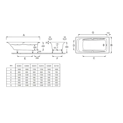Чугунная ванна Repos 160х75 см, с отв. для ручек, антискользящее покр. E2929-00 Jacob Delafon