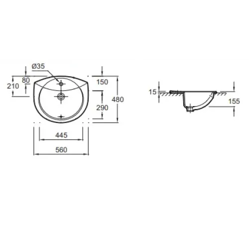 Встраиваемая сверху раковина Оdeon 56х48 см, санфарфор, с отв. под смеситель E1061-00 Jacob Delafon