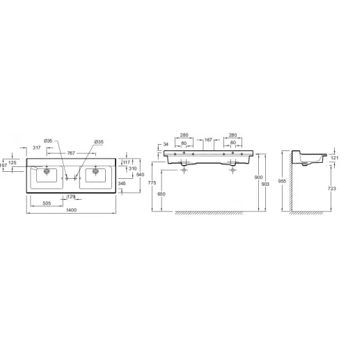 Мебельная раковина Soprano 140х54 см, с 1 отверстием для встроенного смесителя, с керамической заглушкой слива EXJ122-00 Jacob Delafon