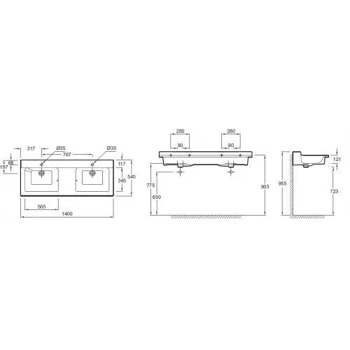 Мебельная раковина Soprano 140х54 см, отверстие для смесителя справа и слева, с керамической заглушкой слива EXJ112-00 Jacob Delafon