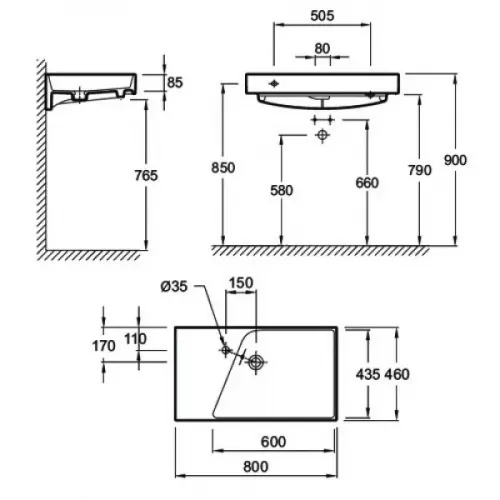 Подвесная раковина Formilia Rythmik 80х46х8,5 см, одно отверстие под смеситель, гладкая нижняя поверхность, санфарфор EXO112-Z-00 Jacob Delafon